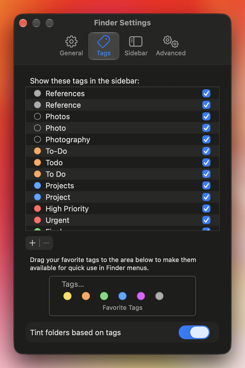 Finder Settings window with the Tags pane open, showing the tag list with sidebar checkboxes, the add and remove buttons and the Favorite Tags area.