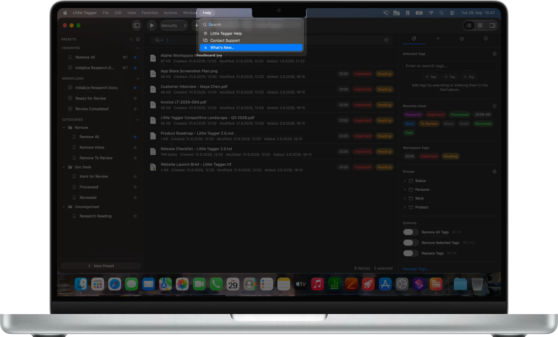 Little Tagger’s Help menu with What’s New highlighted.