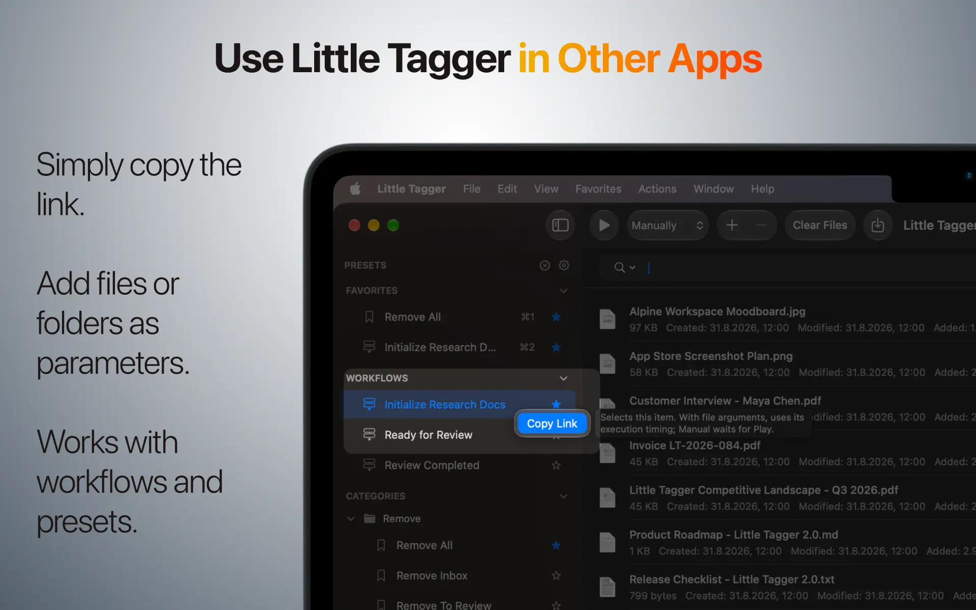 Little Tagger workflow context menu with Copy Link highlighted.