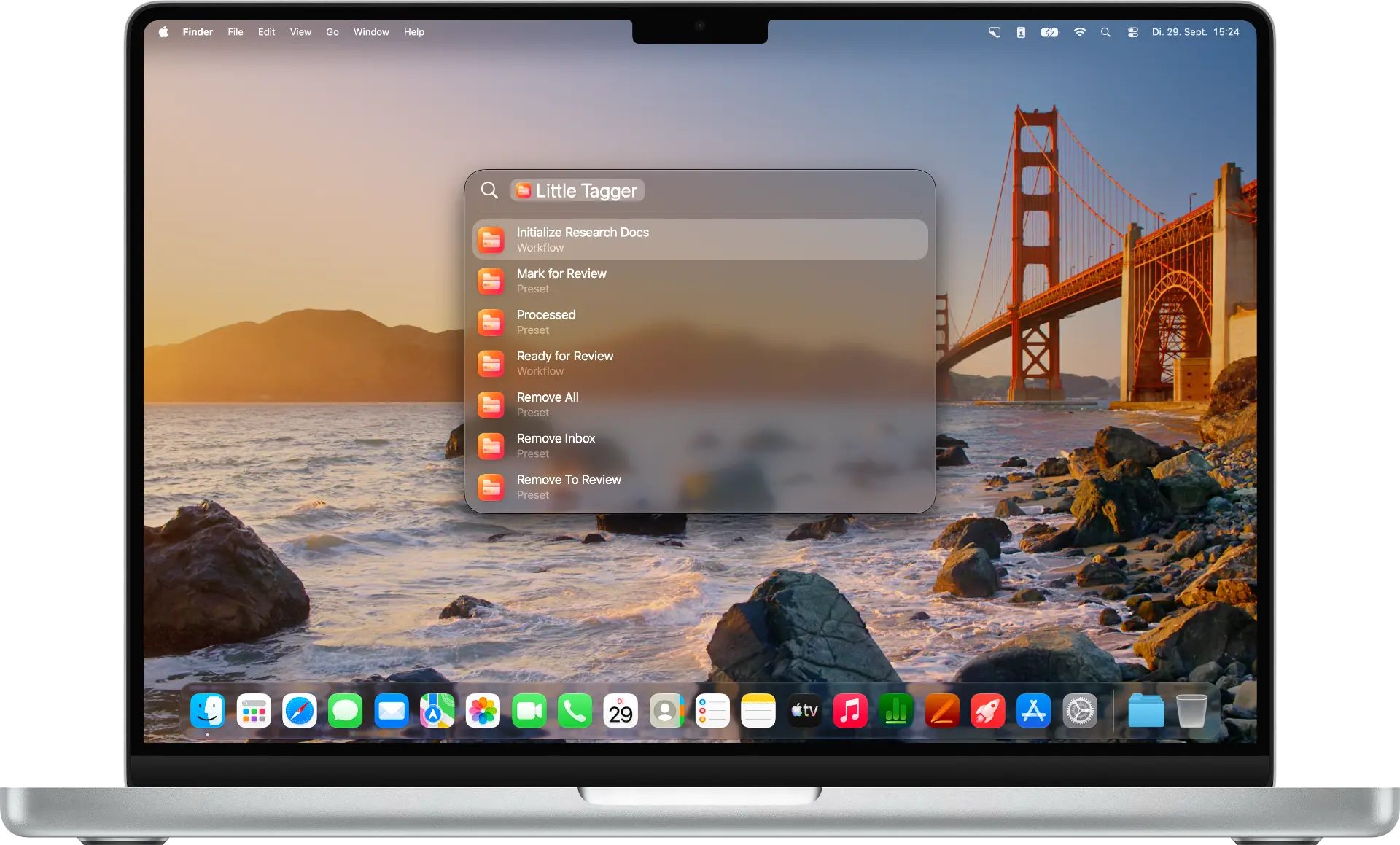 Spotlight results listing saved Little Tagger presets and workflows.