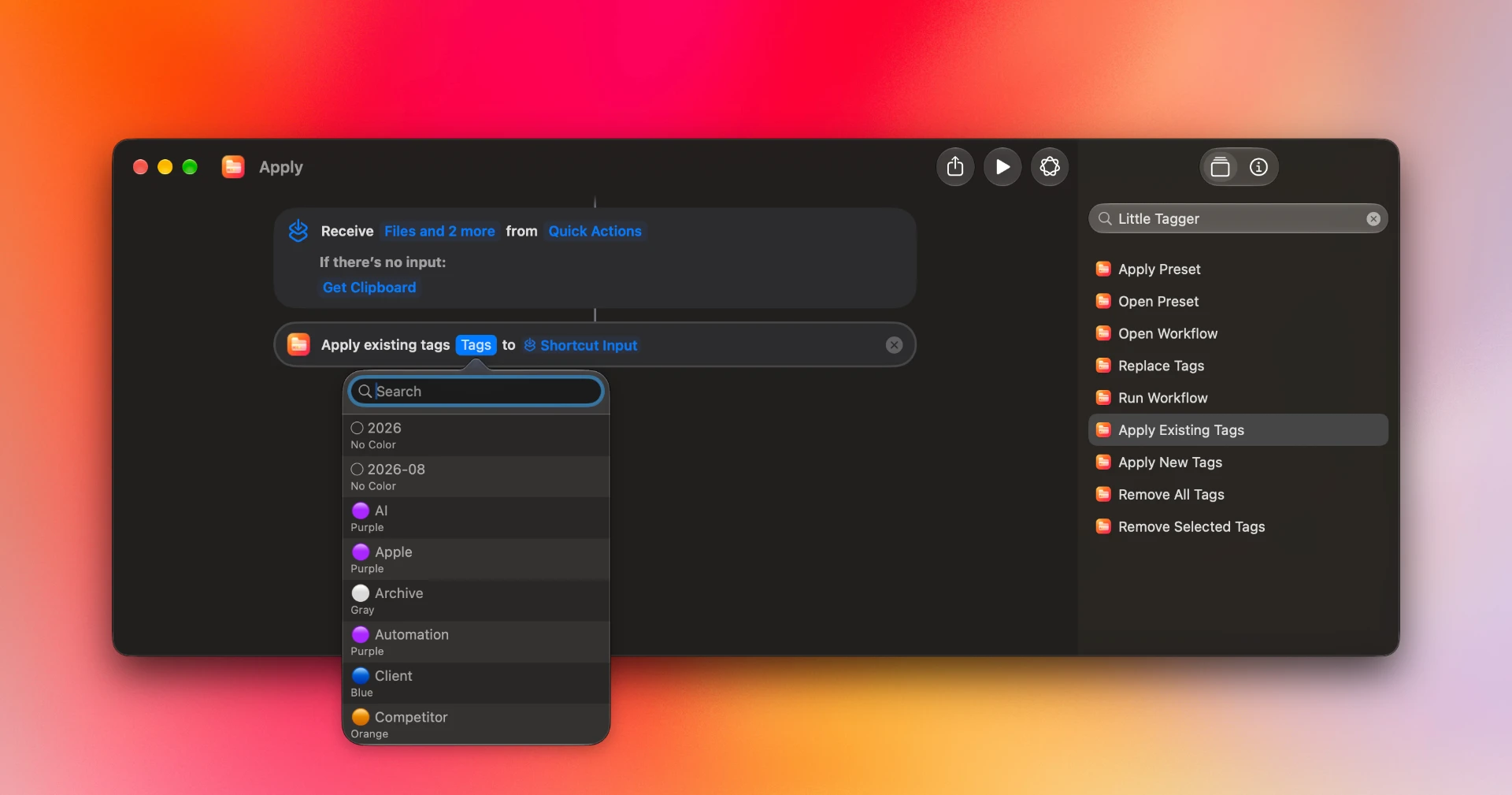 Apple Shortcuts showing Little Tagger’s Apply Existing Tags action with the saved-tag picker open.