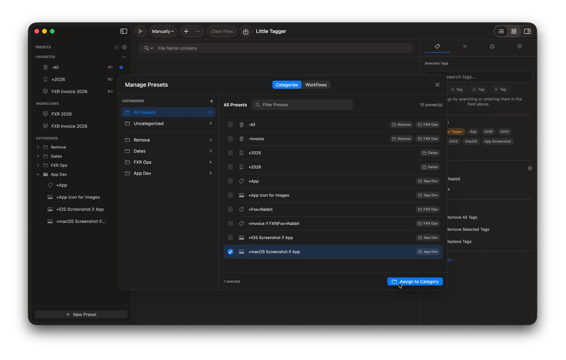 Manage Presets window in Little Tagger showing preset categories with reusable add, remove, and replace tagging presets.