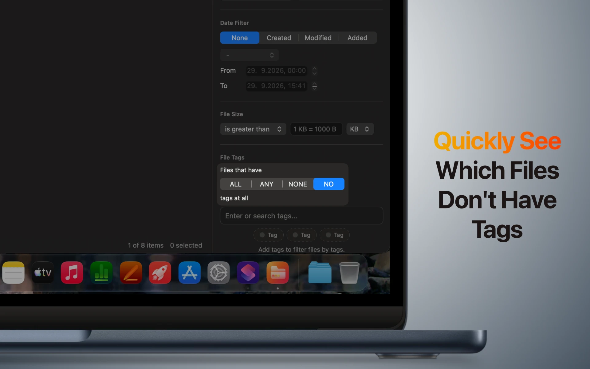 Little Tagger’s File Tags filter set to show files with no tags at all.