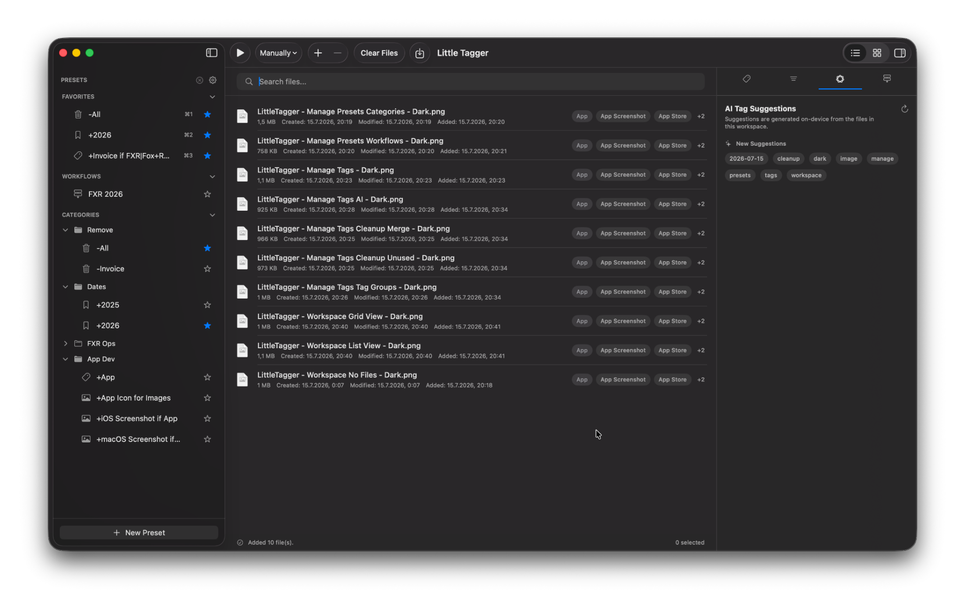 Apple Intelligence tag suggestions shown for files in the Little Tagger workspace.