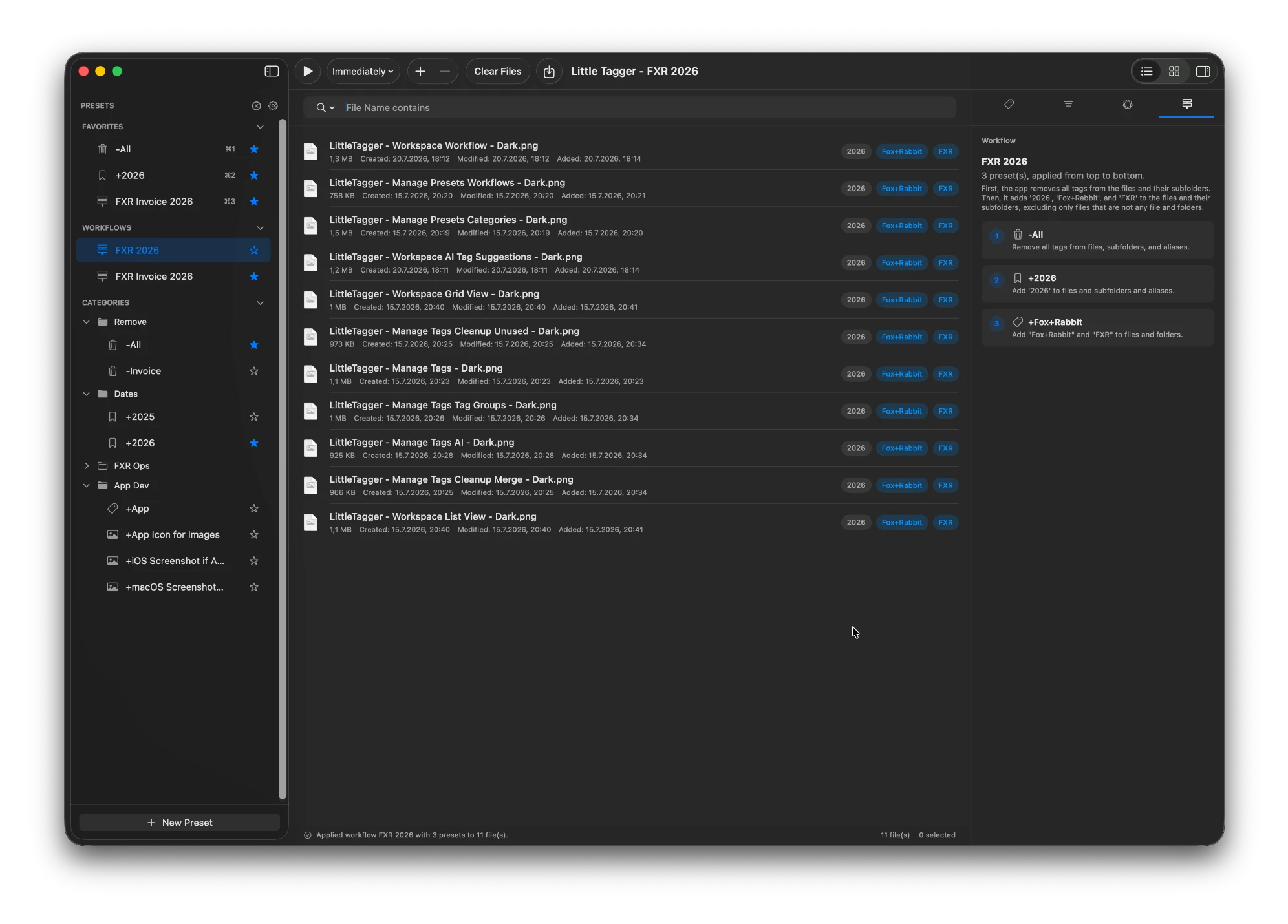 Little Tagger workspace with the workflow inspector open, showing the FXR 2026 workflow running three presets from top to bottom.
