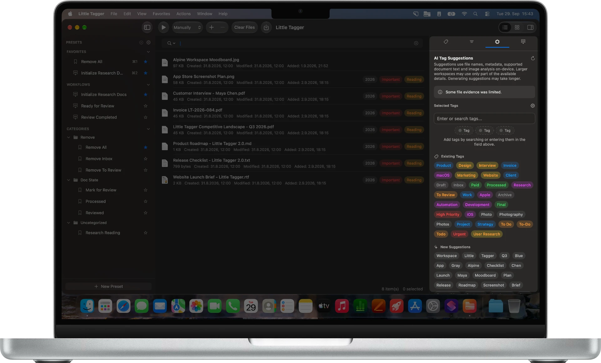 Little Tagger’s AI inspector showing existing tags, new suggestions, and a limited-evidence notice.