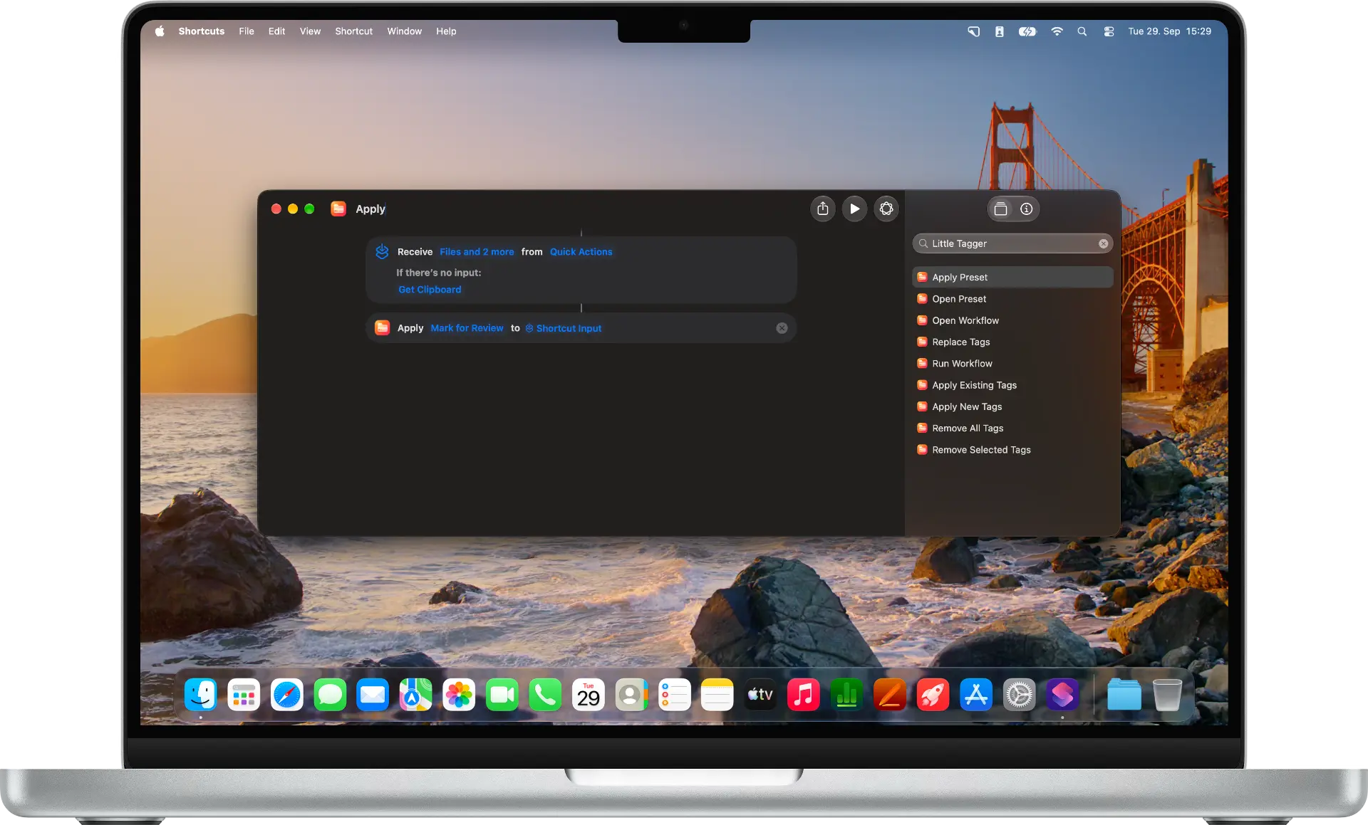 Apple Shortcuts configured to apply Little Tagger’s Mark for Review preset to Shortcut Input.