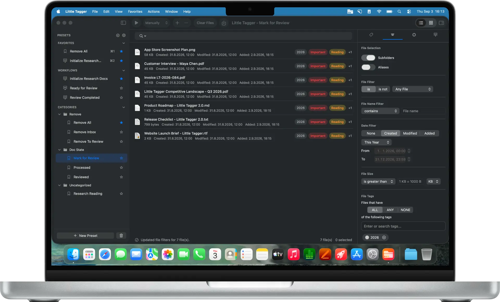 Little Tagger running on a MacBook Pro, showing the workspace with presets, workflows and the file filter inspector.